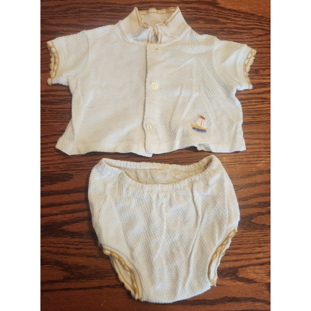 Vintage Two Piece Baby Set Plastic Lined‎ Bottoms With Embroidered Sailboat